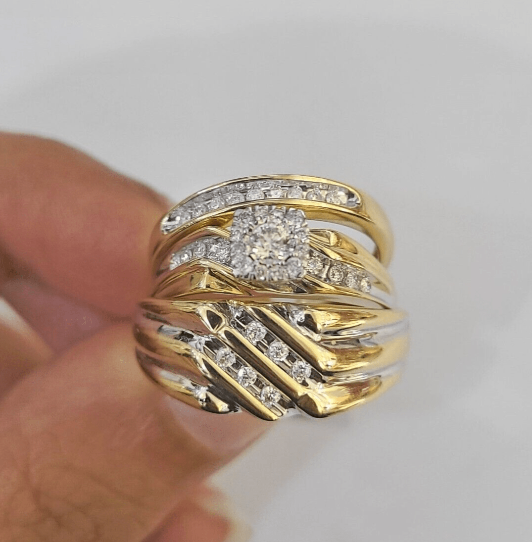 REAL 14k Diamond Ring Yellow Gold Ladies Men Trio SET Wedding Engagement Genuine - GoldenlinQ