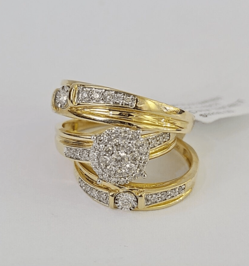 REAL 14k Diamond Ring Yellow Gold Ladies Men Trio SET Wedding Engagement Genuine - GoldenlinQ