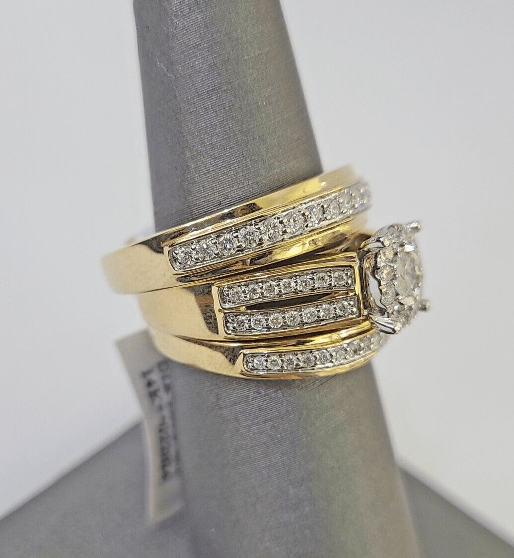 REAL 14k Diamond Ring Yellow Gold Ladies Men Trio SET Wedding Engagement Genuine - GoldenlinQ