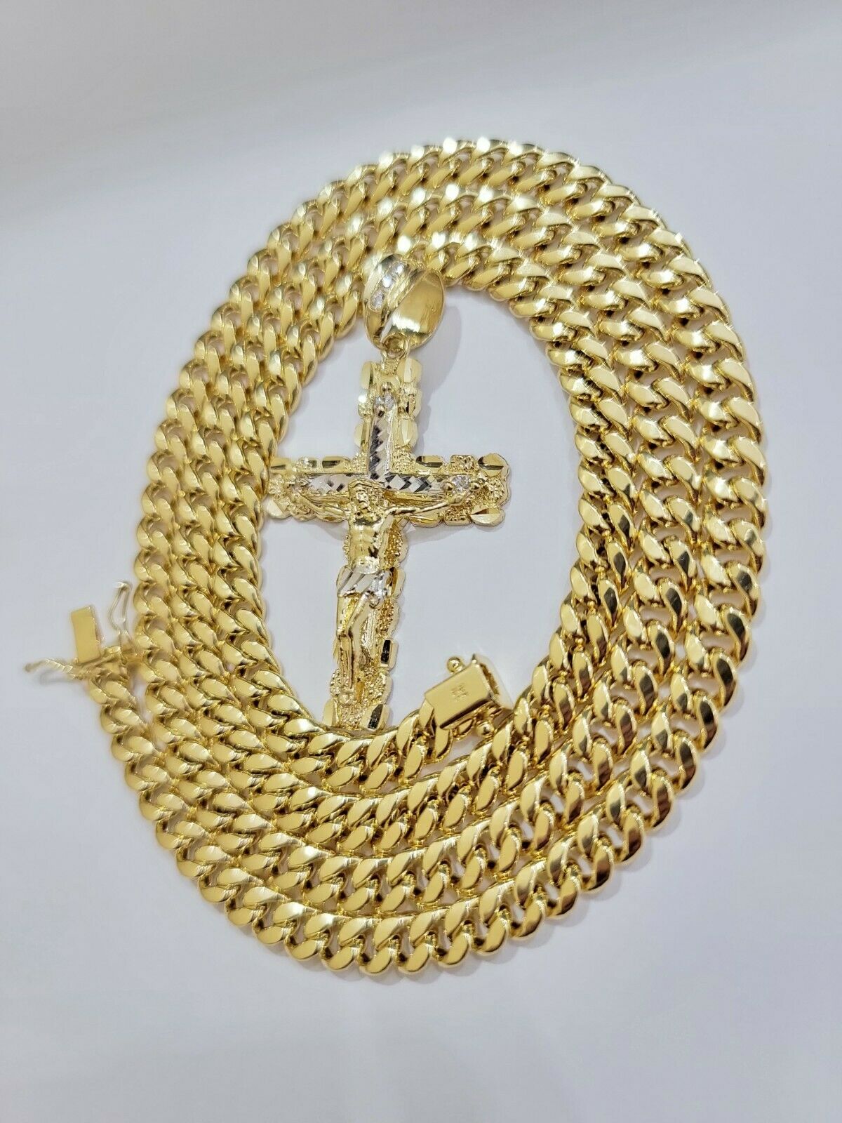 Real 14k Gold Chain Cross Pendant Necklace SET Miami Cuban Link 7mm 22" - 28" 14kt - GoldenlinQ