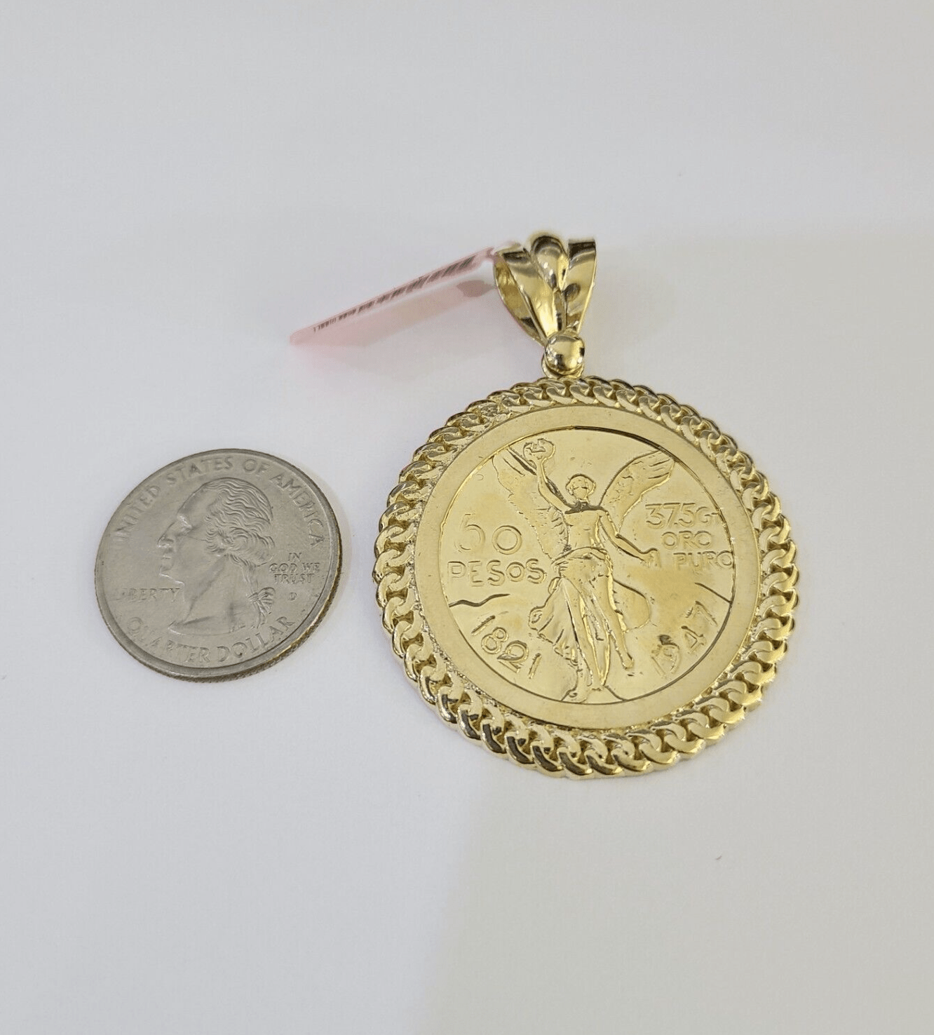REAL 14k Gold Charm Centenario - Style Coin in Bezel 50 Pesos 1947Mexican Pendant - GoldenlinQ