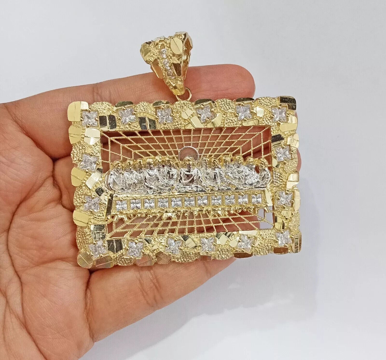 Real 14k Gold Charm Pendant Last Supper Nugget Style With Stone 14kt Yellow Gold - GoldenlinQ