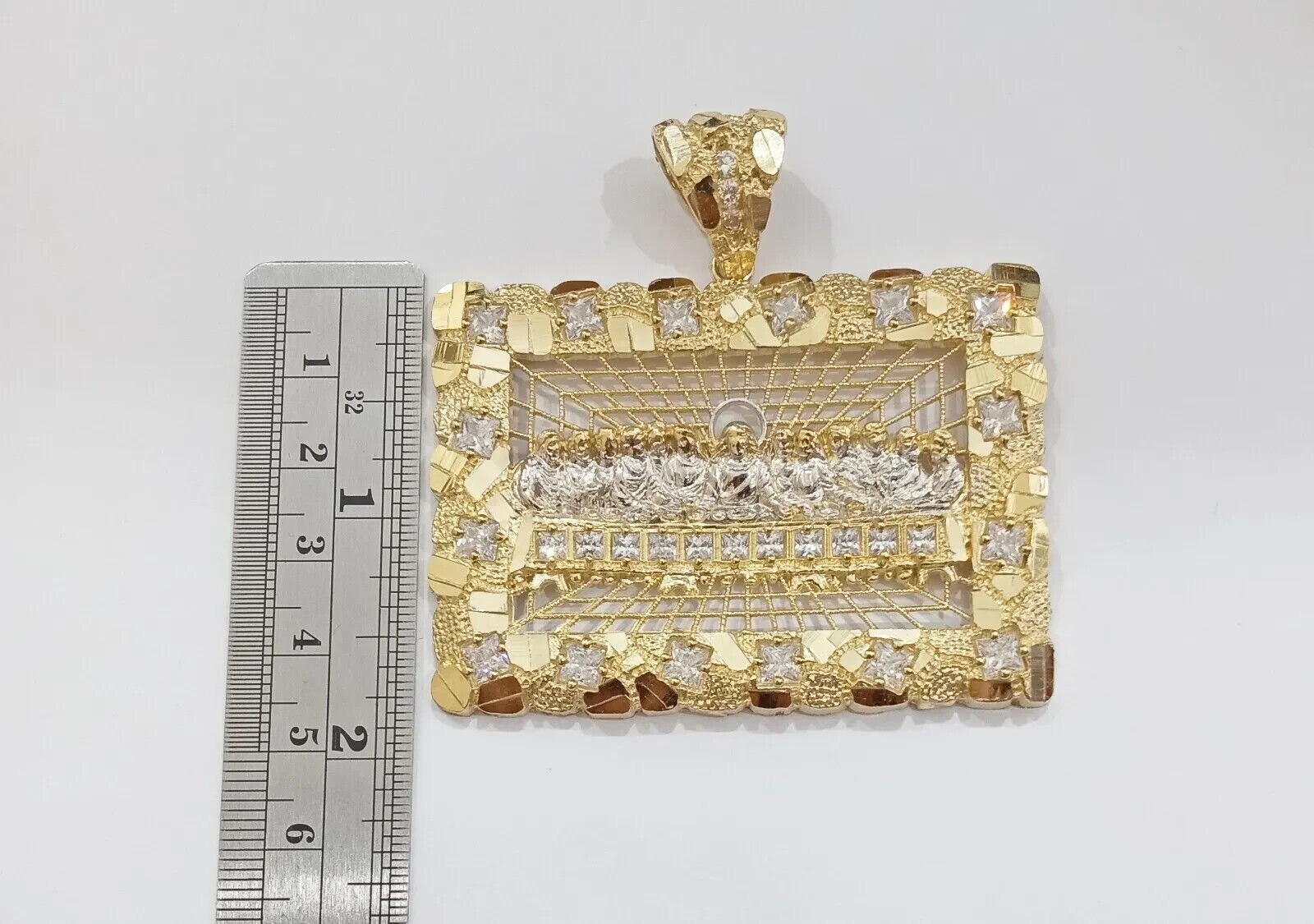 Real 14k Gold Charm Pendant Last Supper Nugget Style With Stone 14kt Yellow Gold - GoldenlinQ