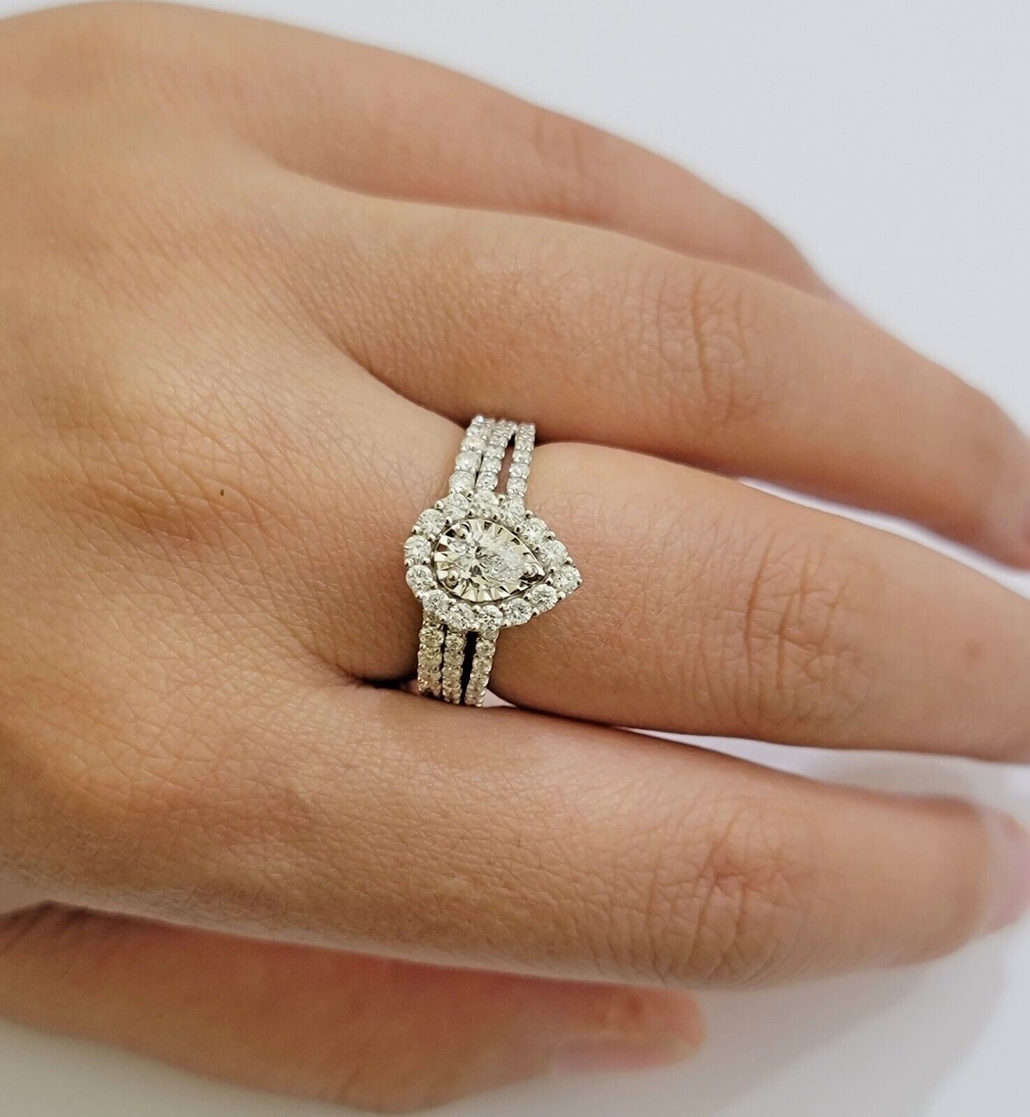 Real 14k Gold Diamond Engagement Wedding Ring Band SET Pear/ Tear drop 1.5 CT - GoldenlinQ