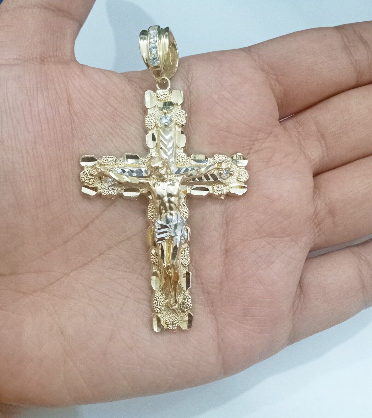 Real 14k Gold Jesus Nugget Cross Charm Pendant 2.9" inch 14kt Yellow Gold - GoldenlinQ