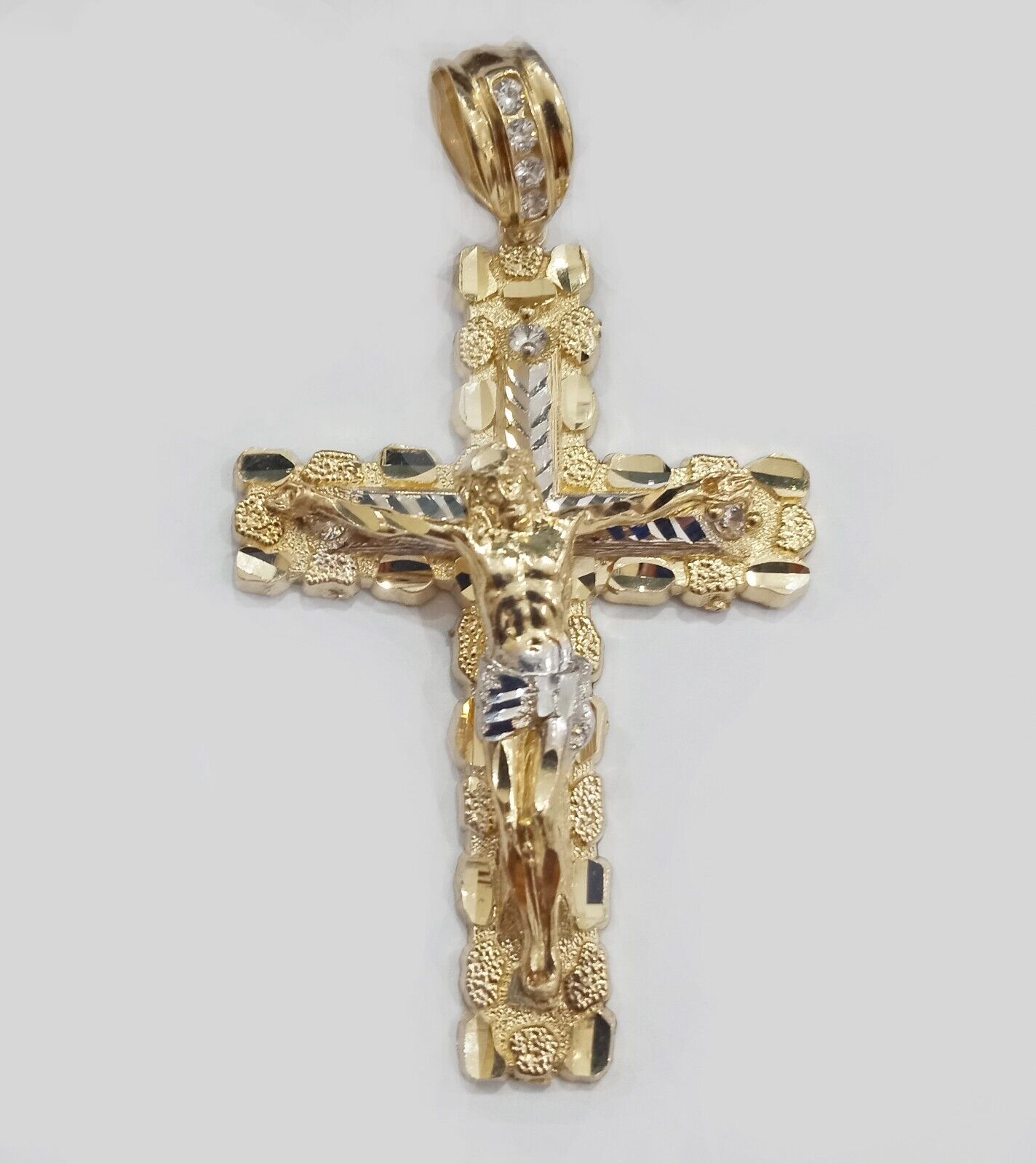 Real 14k Gold Jesus Nugget Cross Charm Pendant 2.9" inch 14kt Yellow Gold - GoldenlinQ