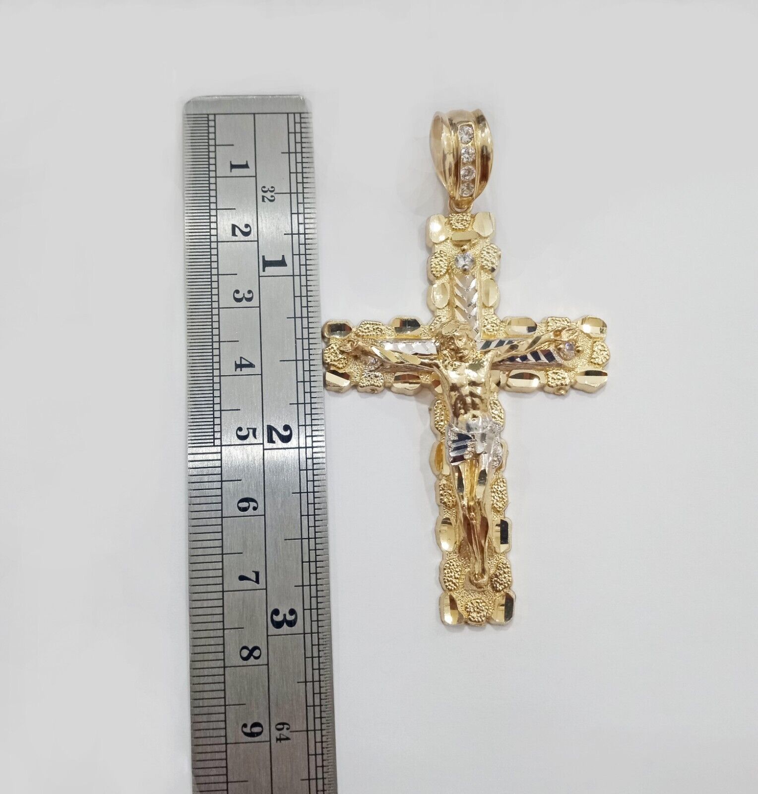 Real 14k Gold Jesus Nugget Cross Charm Pendant 2.9" inch 14kt Yellow Gold - GoldenlinQ