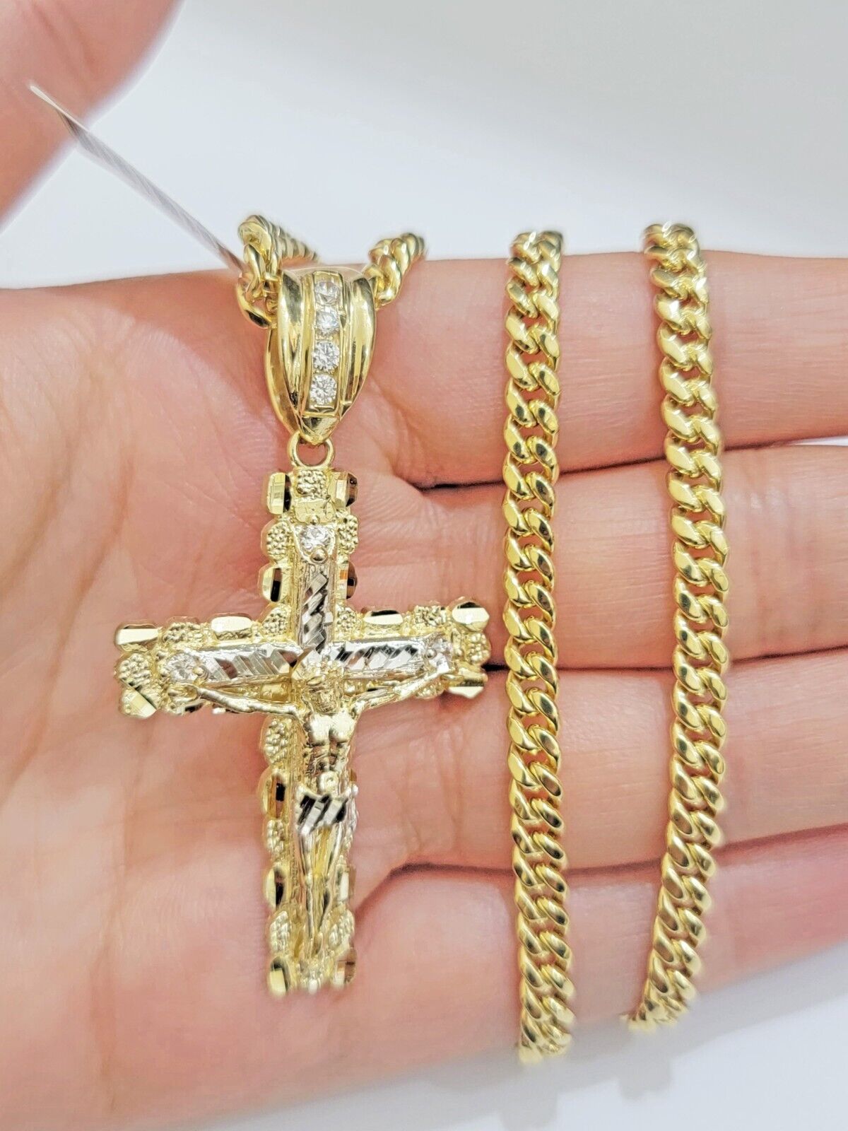 Real 14k Gold Nugget Cross pendant Cuban Link Chain 4.5mm 18" Necklace Charm Set - GoldenlinQ