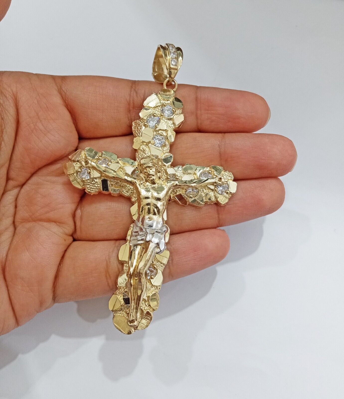 Real 14k Gold Nugget Jesus Crucifix Cross Charm Pendant 14kt Yellow Gold Men - GoldenlinQ
