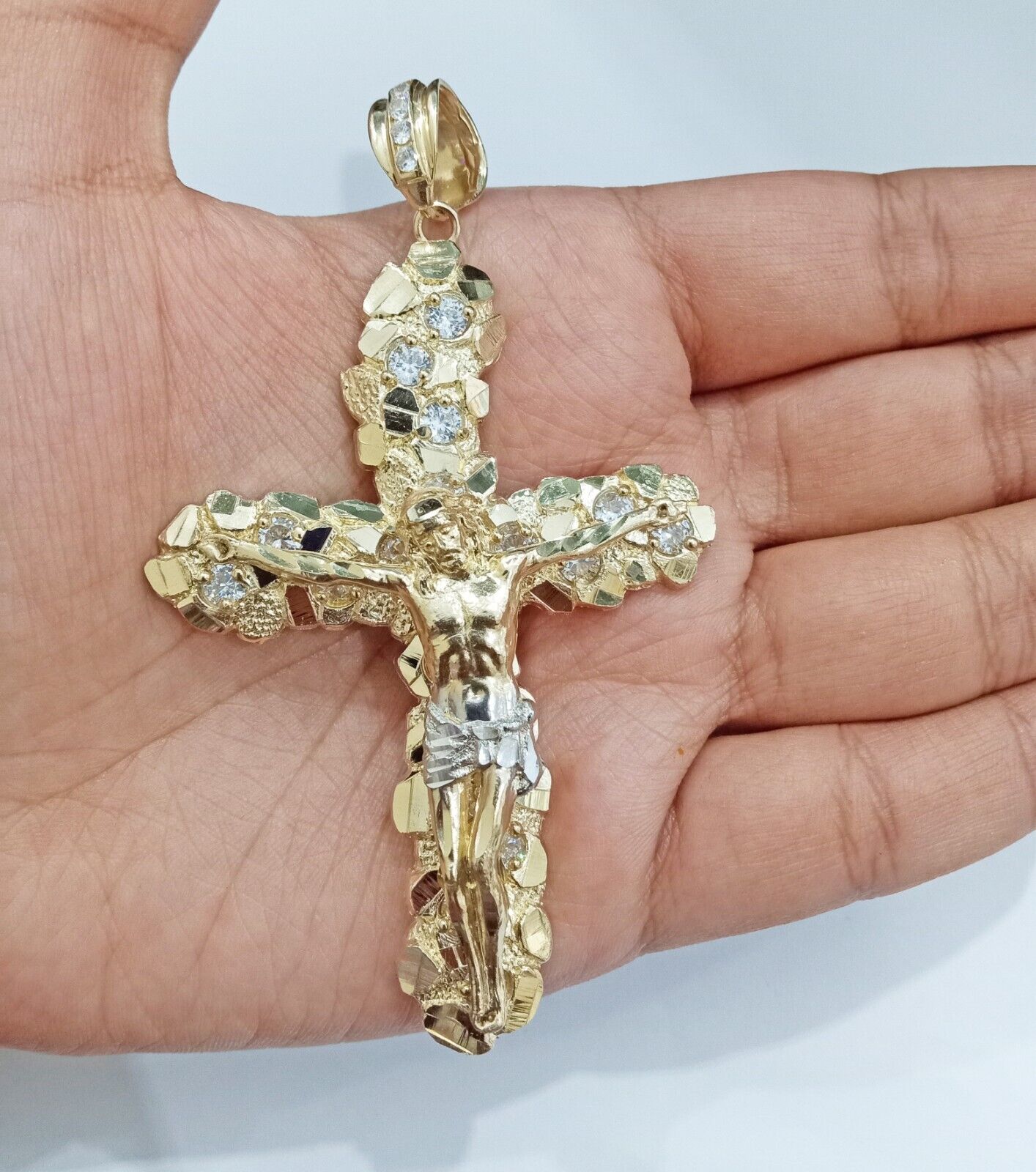 Real 14k Gold Nugget Jesus Crucifix Cross Charm Pendant 14kt Yellow Gold Men - GoldenlinQ