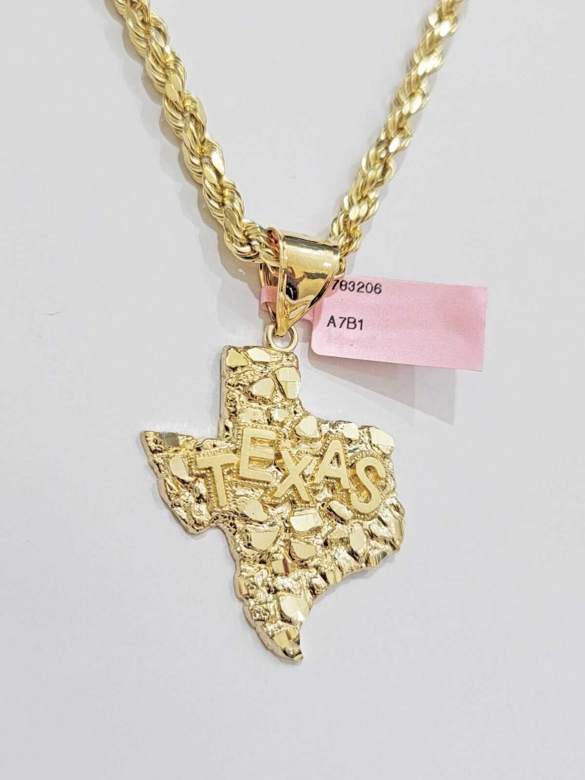 Real 14k Gold Rope Chain 14K Nugget Texas map Charm pendant & Necklace Set Men's - GoldenlinQ