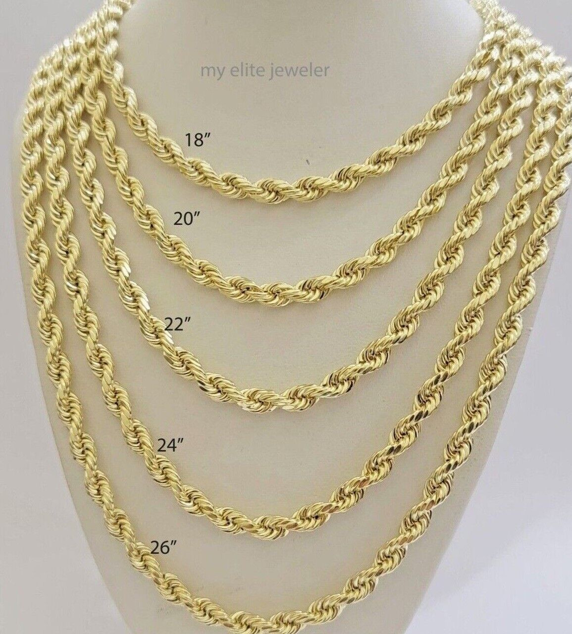 REAL 14k Gold Rope Chain Necklace 5mm 18 - 26Inch Diamond Cut Men 14KT Yellow GOLD - GoldenlinQ