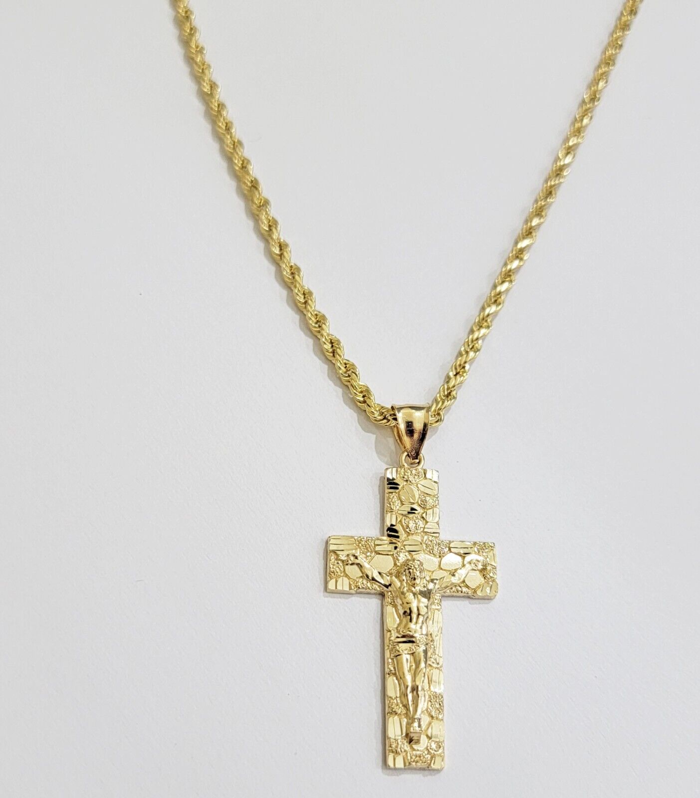 REAL 14k Gold Rope Chain Necklace Nugget Cross Charm Pendant SET 3mm 18 - 26 Inch - GoldenlinQ