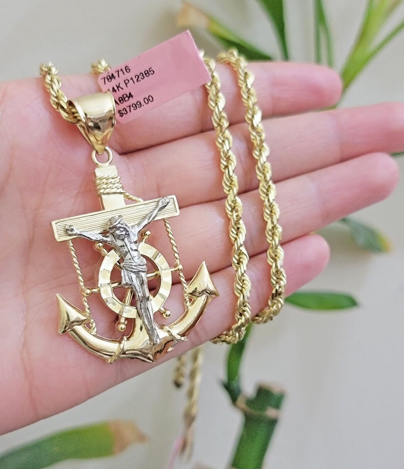 REAL 14k Gold Rope Necklace Anchor Charm Pendant SET SOLID 4mm 20 Inch Necklace - GoldenlinQ