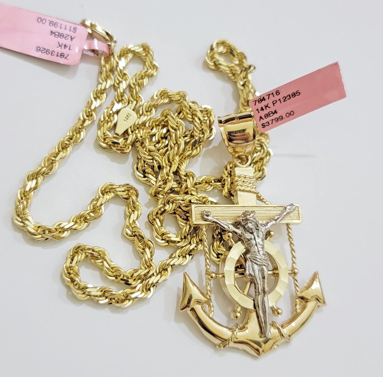 REAL 14k Gold Rope Necklace Anchor Charm Pendant SET SOLID 4mm 20 Inch Necklace - GoldenlinQ