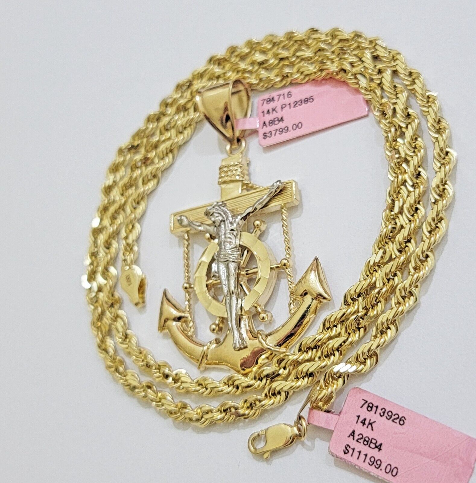 REAL 14k Gold Rope Necklace Anchor Charm Pendant SET SOLID 4mm 22 Inch Necklace - GoldenlinQ