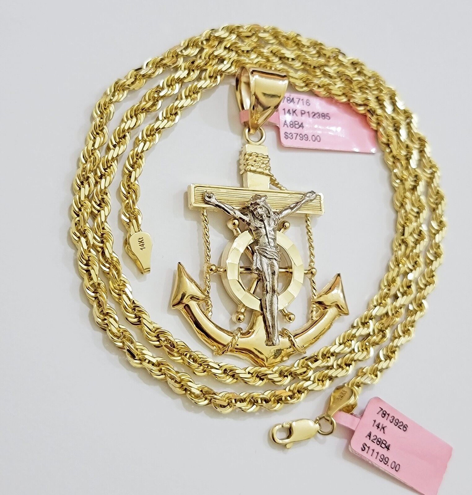 REAL 14k Gold Rope Necklace Anchor Charm Pendant SET SOLID 4mm 24 Inch Necklace - GoldenlinQ