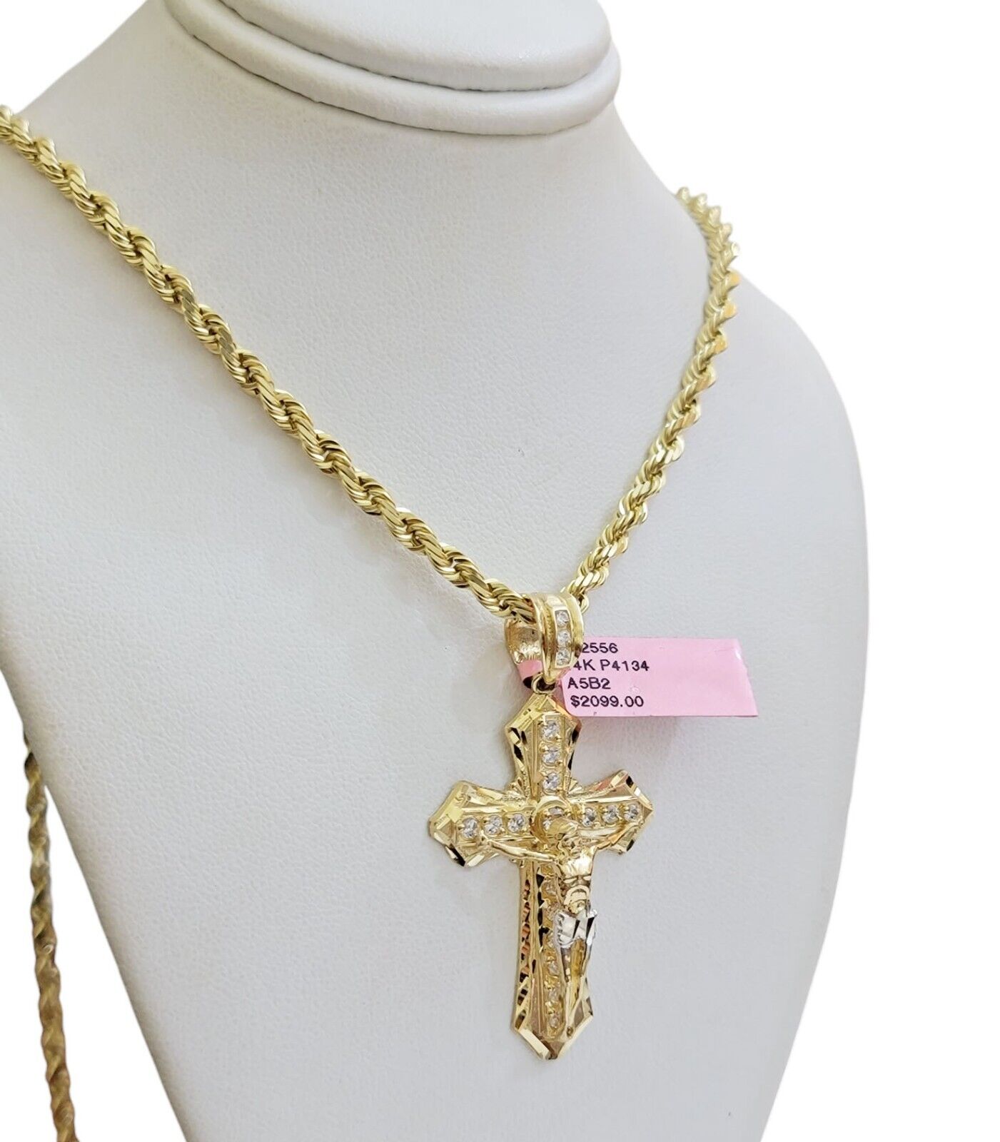REAL 14k Gold Rope Necklace Cross Charm Pendant SET SOLID 4mm 20 - 30" Necklace - GoldenlinQ