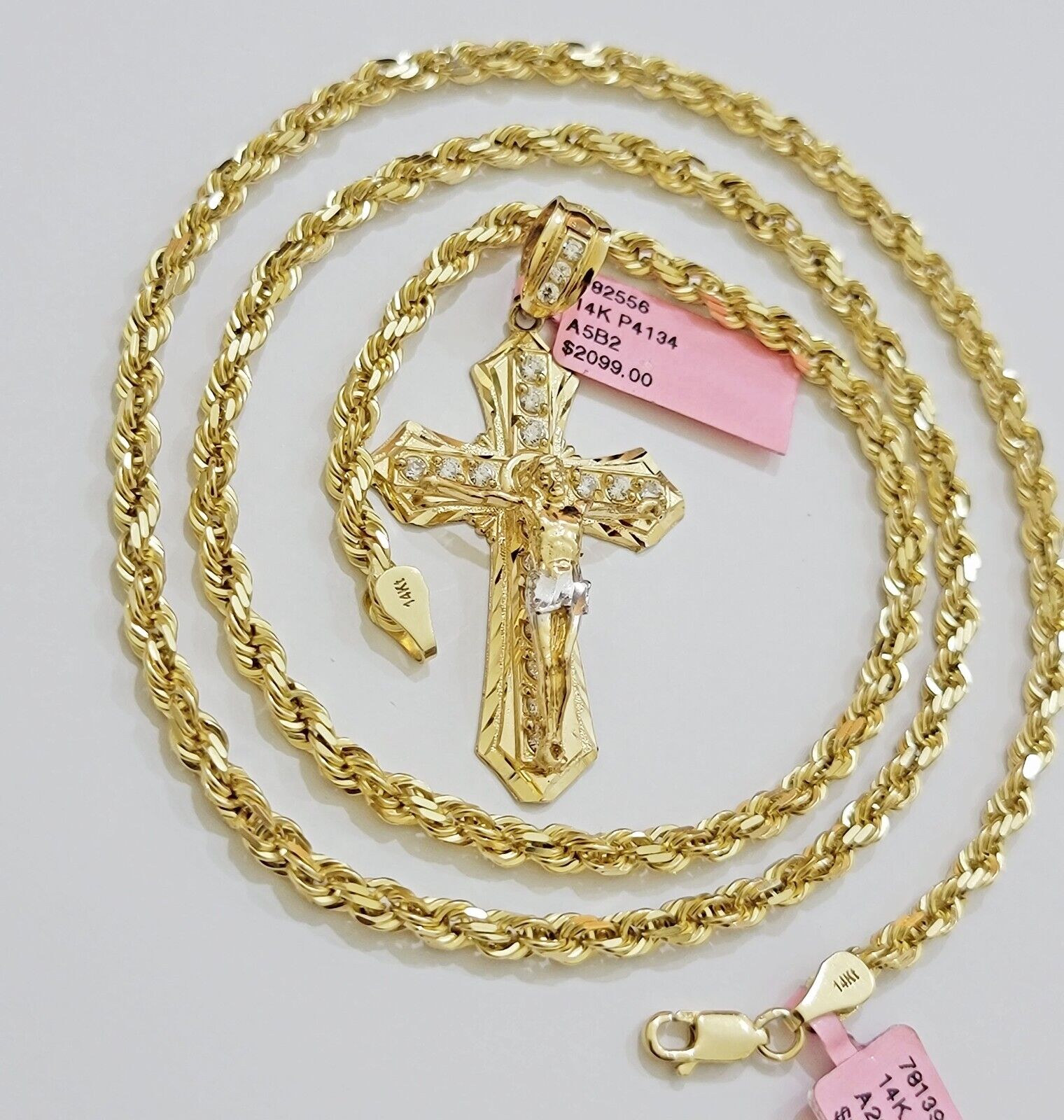REAL 14k Gold Rope Necklace Cross Charm Pendant SET SOLID 4mm 24 Inch Chain Mens