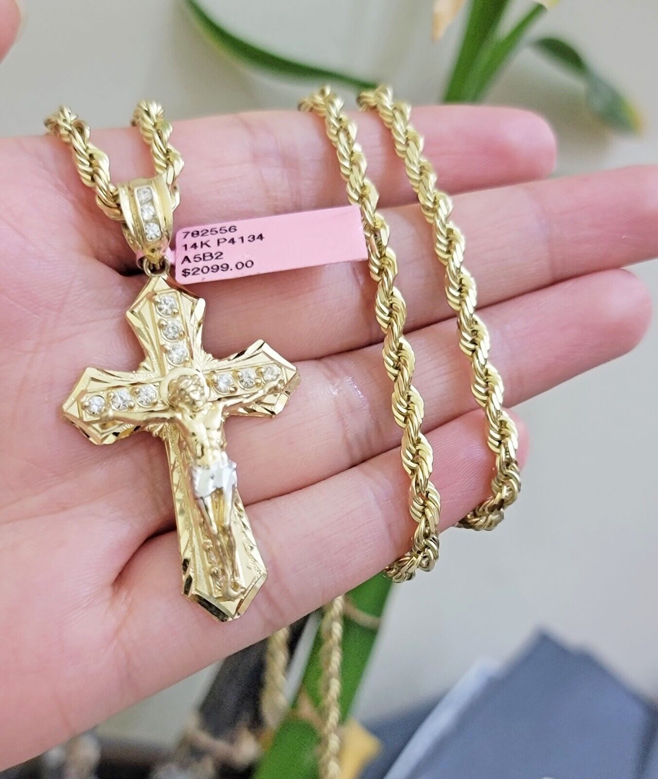 REAL 14k Gold Rope Necklace Cross Charm Pendant SET SOLID 4mm 24 Inch Chain Mens