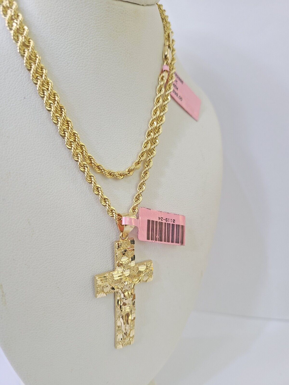 Real 14k Rope Chain Jesus Cross Charm Set Yellow Gold 3mm 18" - 26" Necklace - GoldenlinQ
