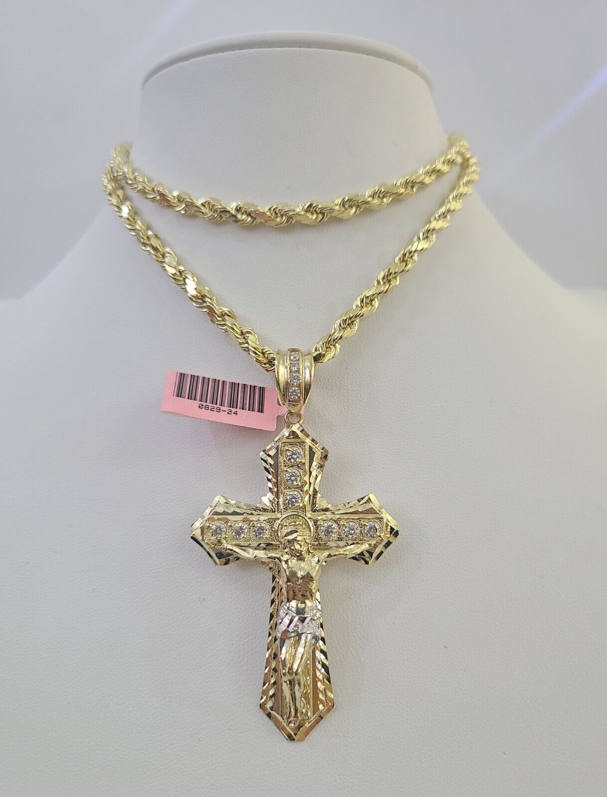 Real 14k Rope Chain Jesus Cross Charm Yellow Gold Set 5mm 20" - 30" Necklace - GoldenlinQ