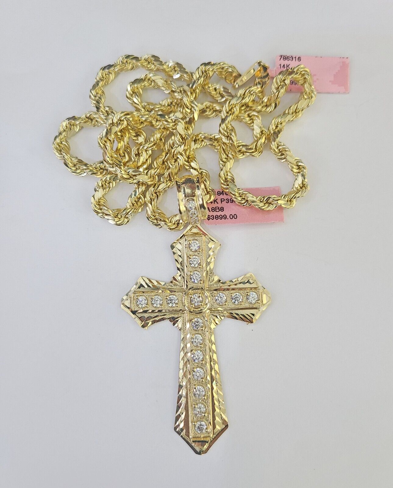Real 14k Rope Chain Jesus Cross Charm Yellow Gold Set 5mm 20" - 30" Necklace