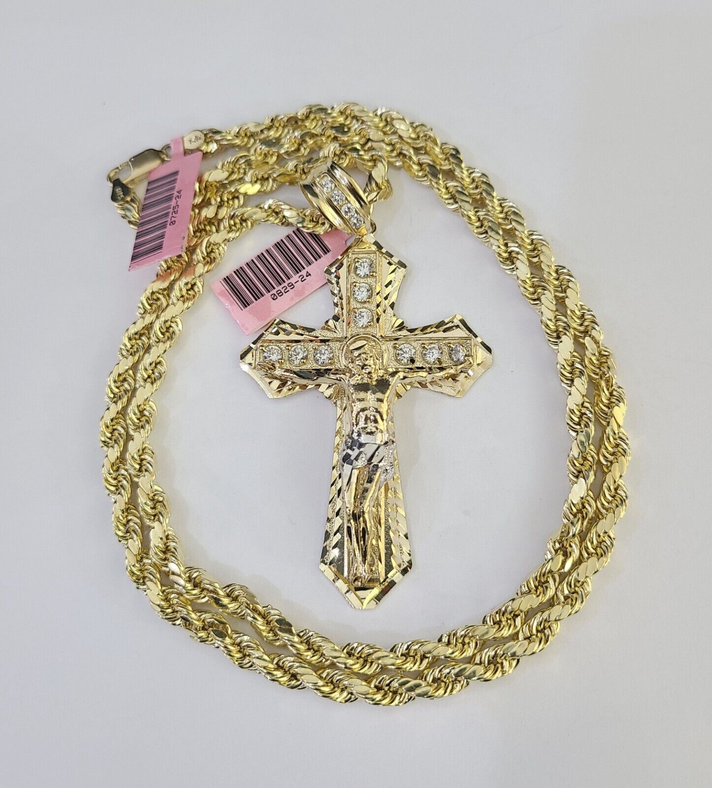 Real 14k Rope Chain Jesus Cross Charm Yellow Gold Set 5mm 20" - 30" Necklace - GoldenlinQ