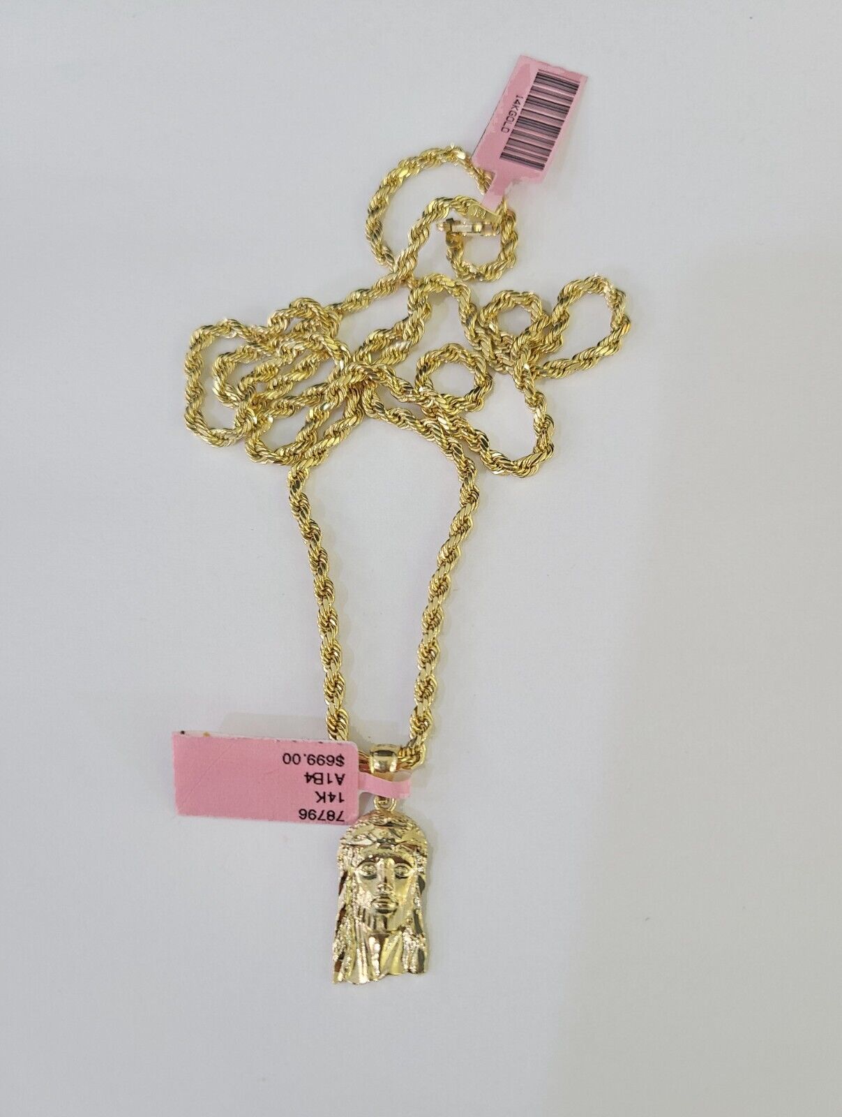 Real 14k Rope Chain Jesus Head Charm Set Yellow Gold 3mm 18 - 30" Necklace Pendant - GoldenlinQ