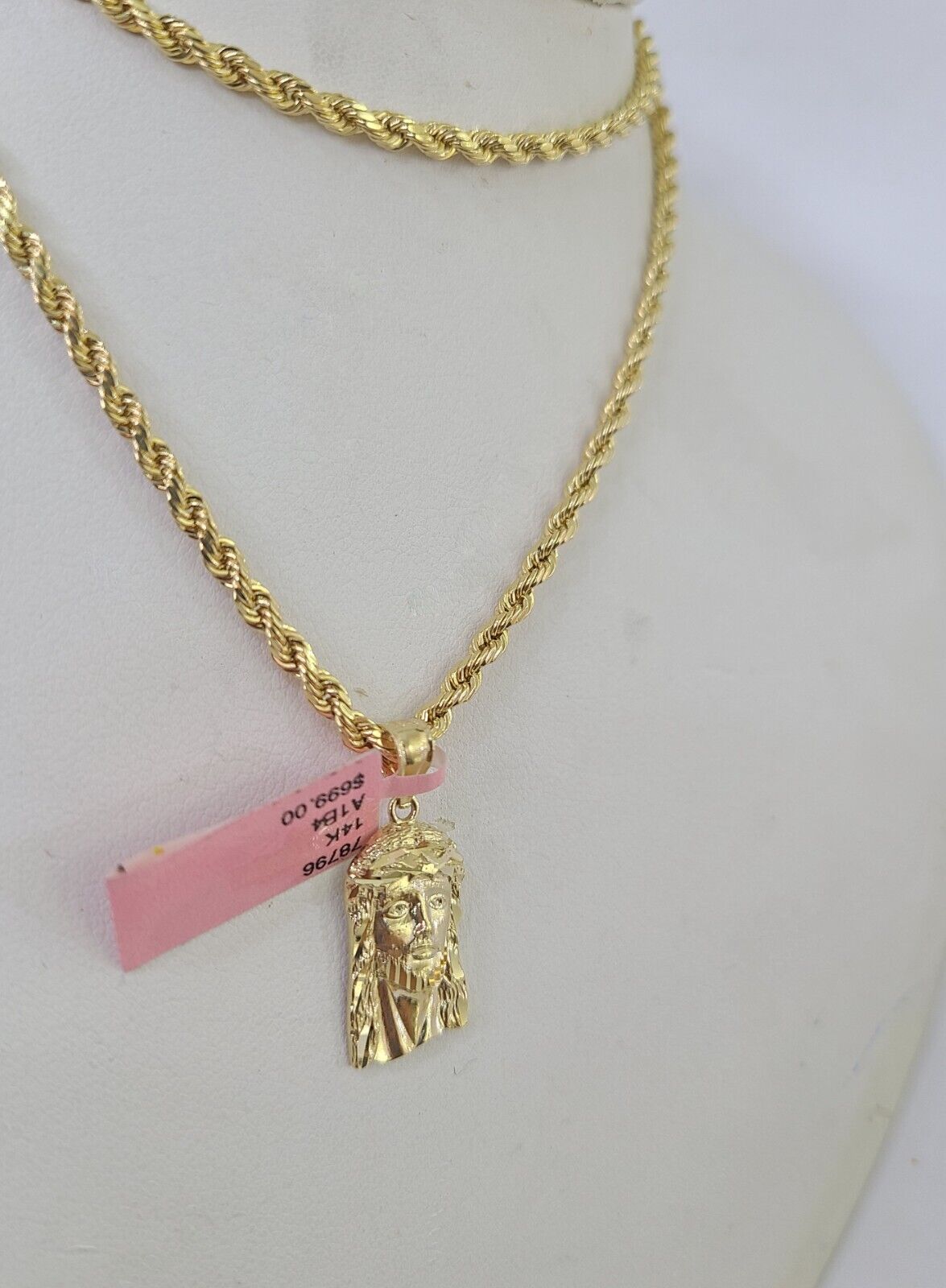 Real 14k Rope Chain Jesus Head Charm Set Yellow Gold 3mm 18 - 30" Necklace Pendant - GoldenlinQ