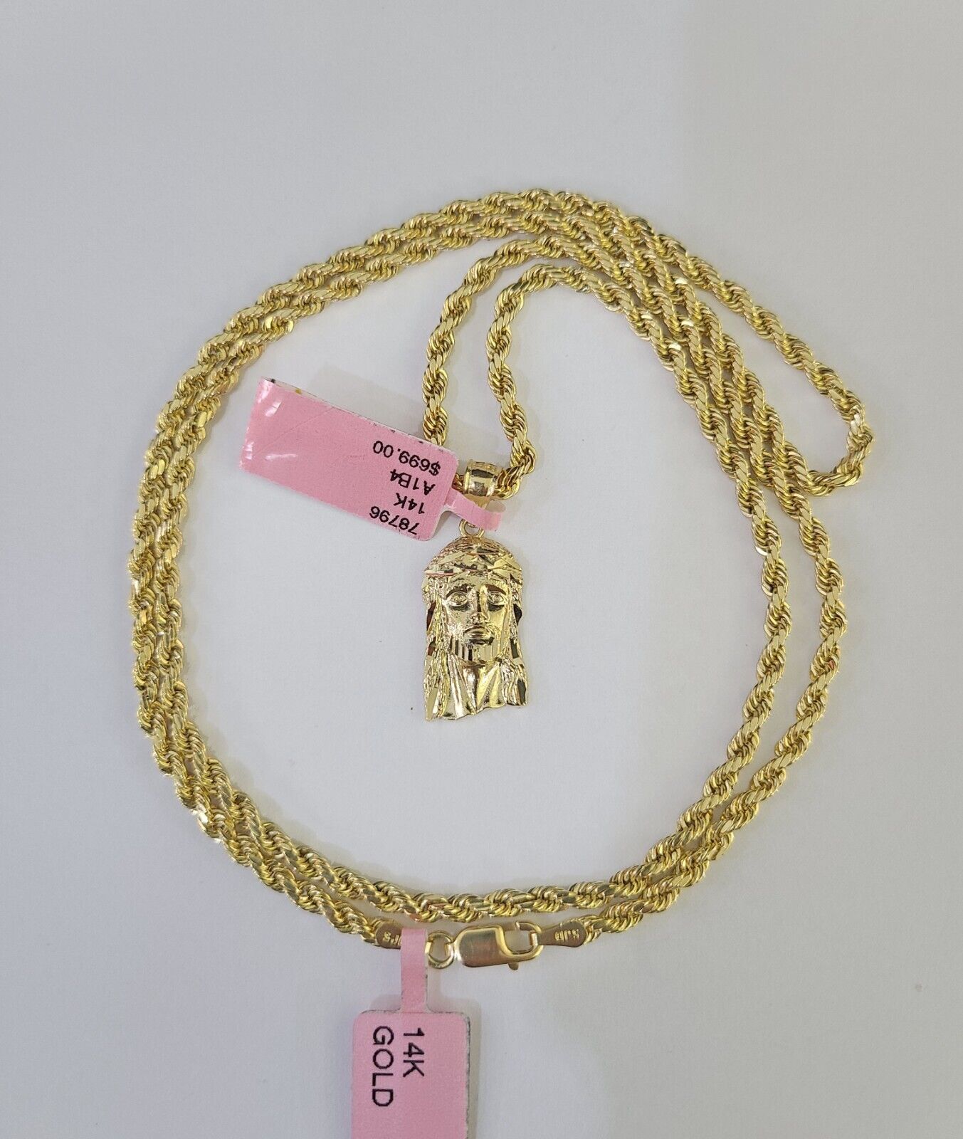 Real 14k Rope Chain Jesus Head Charm Set Yellow Gold 3mm 18 - 30" Necklace Pendant - GoldenlinQ