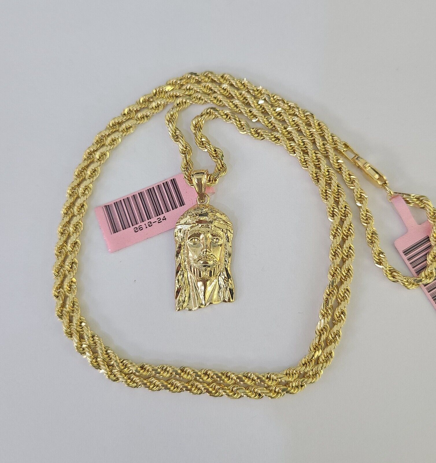 Real 14k Rope Chain Jesus Head Charm Set Yellow Gold 3mm 18 - 30" Necklace Pendant - GoldenlinQ