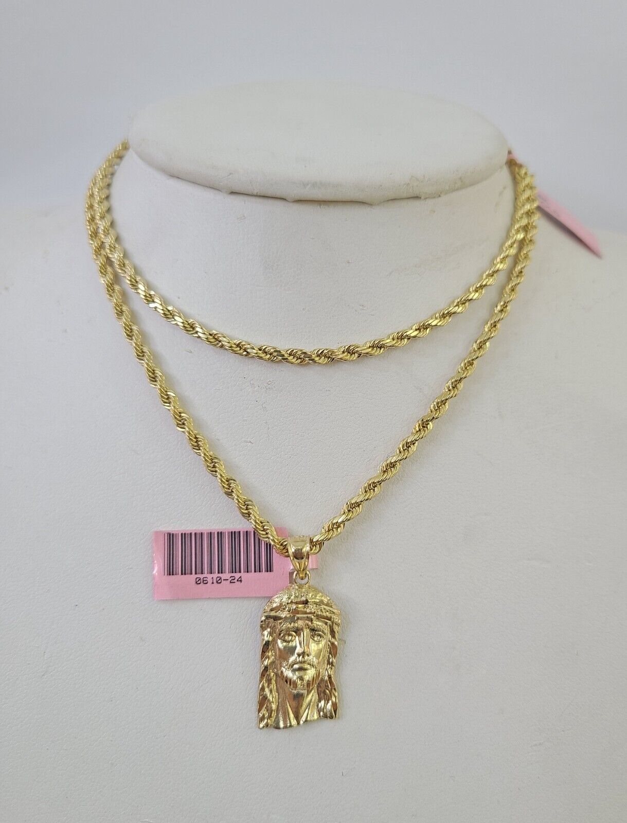 Real 14k Rope Chain Jesus Head Charm Set Yellow Gold 3mm 18 - 30" Necklace Pendant - GoldenlinQ