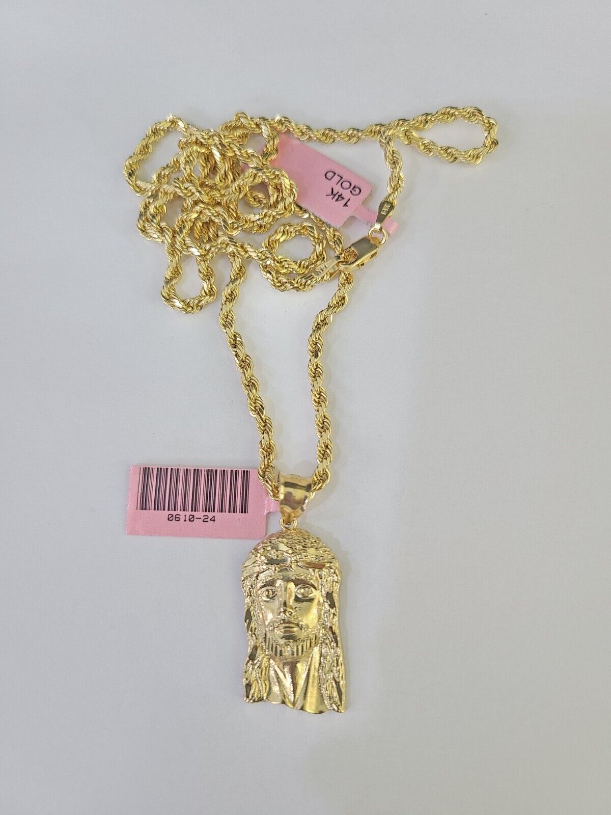 Real 14k Rope Chain Jesus Head Charm Set Yellow Gold 3mm 18 - 30" Necklace Pendant - GoldenlinQ
