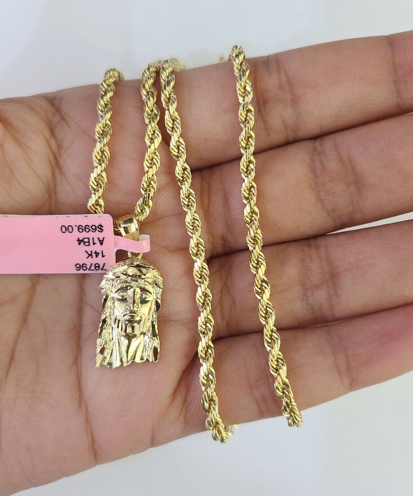 Real 14k Rope Chain Jesus Head Charm Set Yellow Gold 3mm 18 - 30" Necklace Pendant - GoldenlinQ