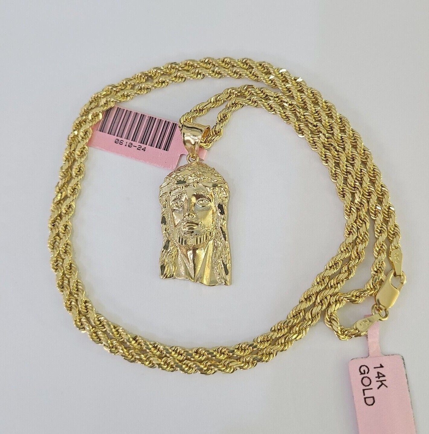 Real 14k Rope Chain Jesus Head Charm Set Yellow Gold 4mm 18 - 30" Necklace Pendant - GoldenlinQ