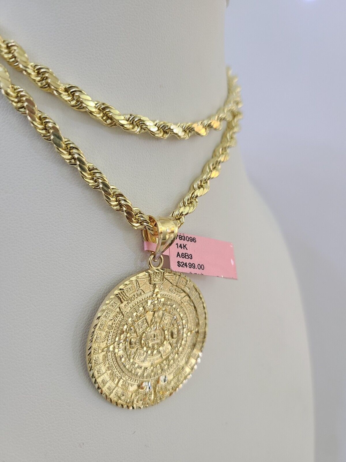 Real 14k Rope Chain Mayan Calendar Charm Yellow Gold Set 5mm 20"-30" Necklace
