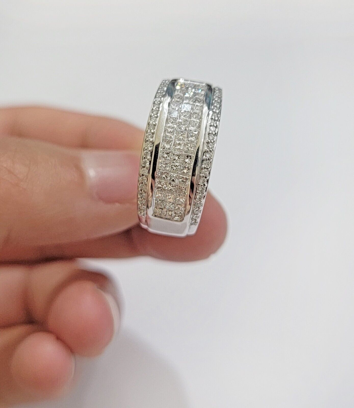 Real 14k White Diamond Ring Mens Band 0.97 Ct Princess Cut Wedding Engagement - GoldenlinQ