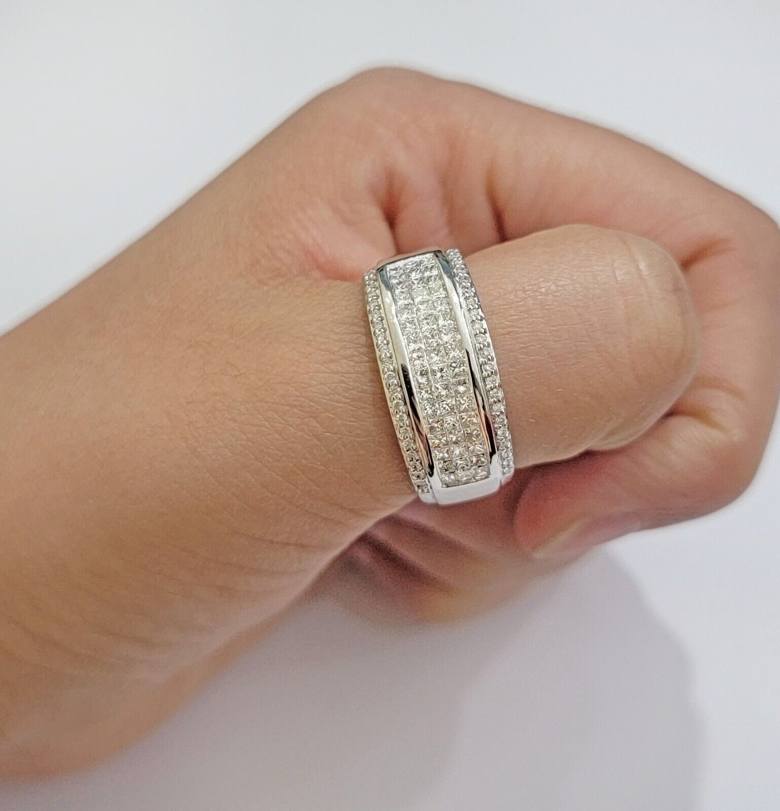 Real 14k White Diamond Ring Mens Band 0.97 Ct Princess Cut Wedding Engagement - GoldenlinQ