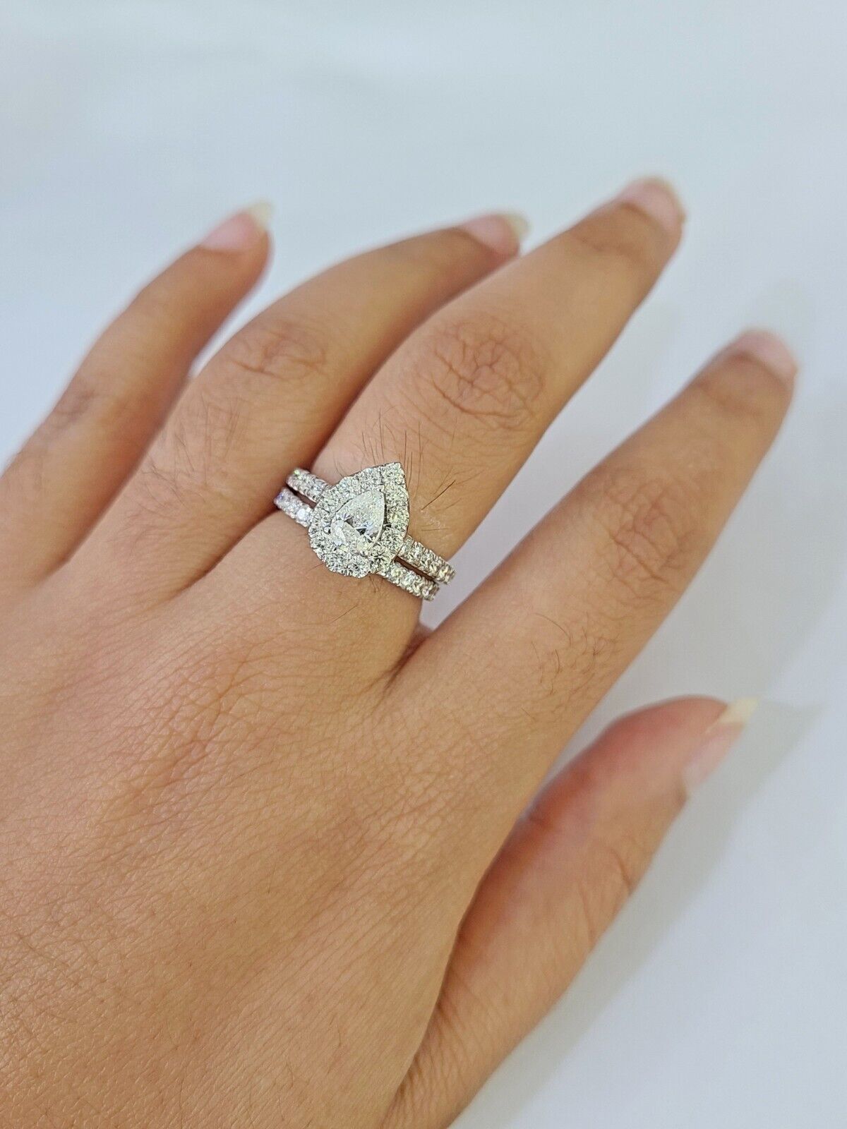 Real 14k White Gold Diamond Ladies Ring Band Set Tear drop 2CT Natural Diamond - GoldenlinQ