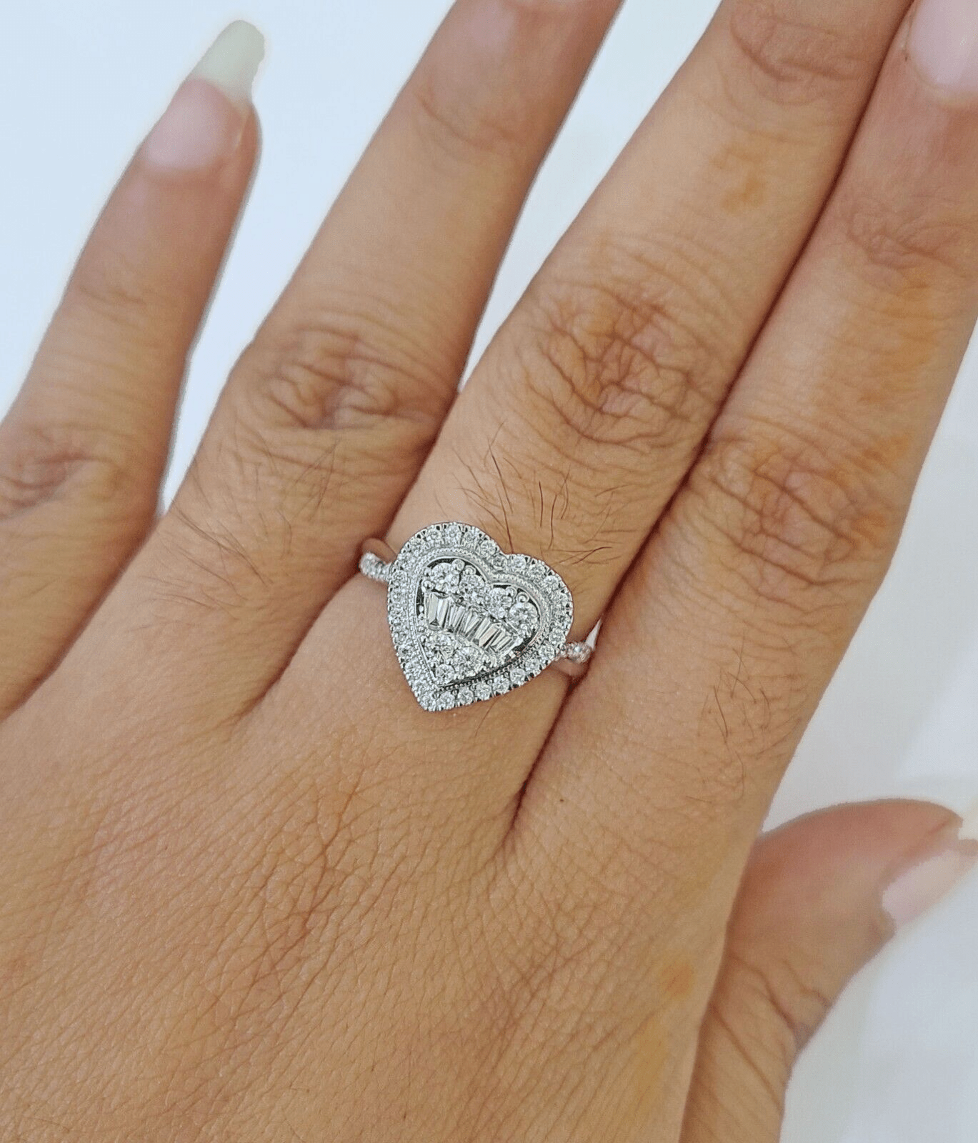 REAL 14k White Gold Diamond Ring Heart Shaped Ladies Wedding Engagement - GoldenlinQ