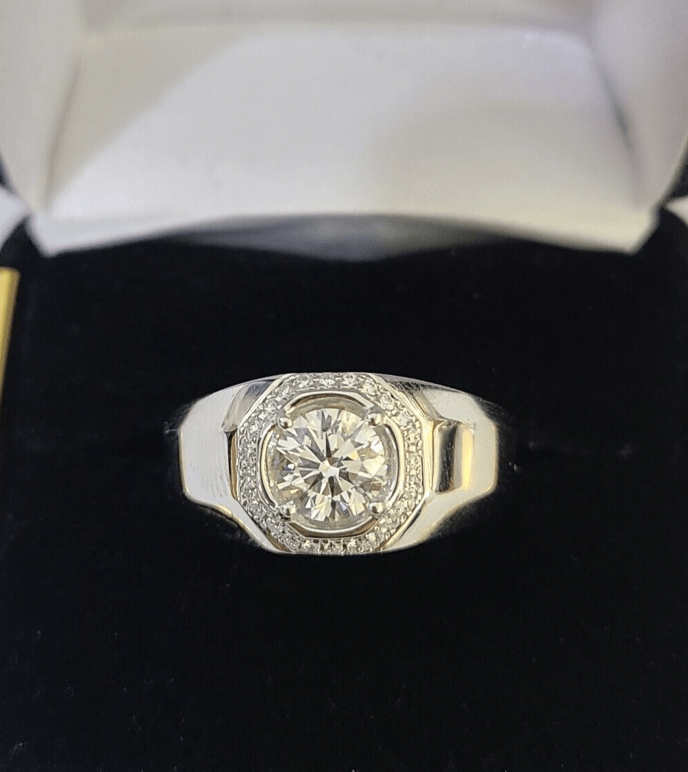 REAL 14k White Gold Diamond Ring Lab Created Wedding Engagement Mens Male - GoldenlinQ