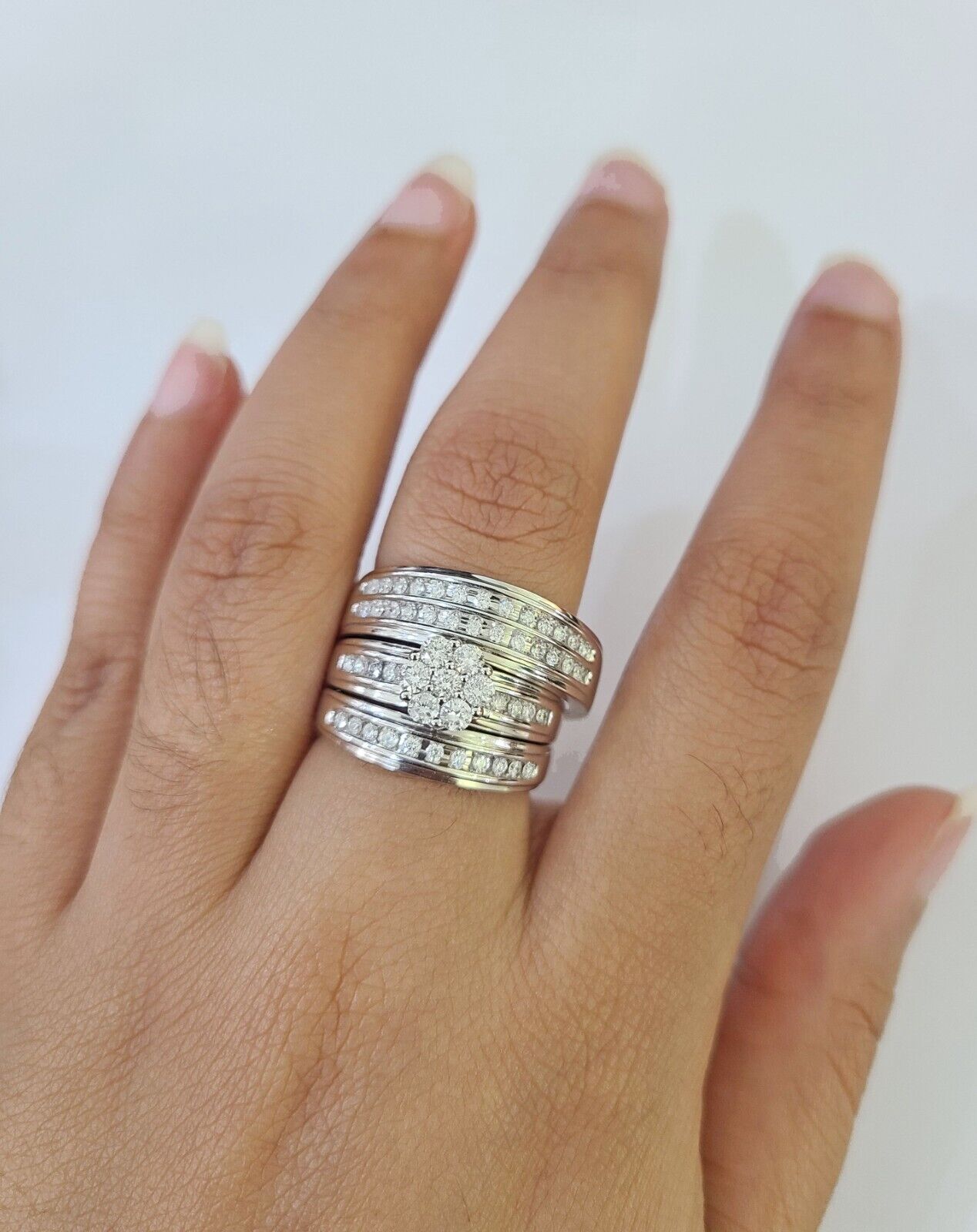 REAL 14k White Gold Diamond Ring Ladies Men Trio SET Wedding Engagement Genuine - GoldenlinQ