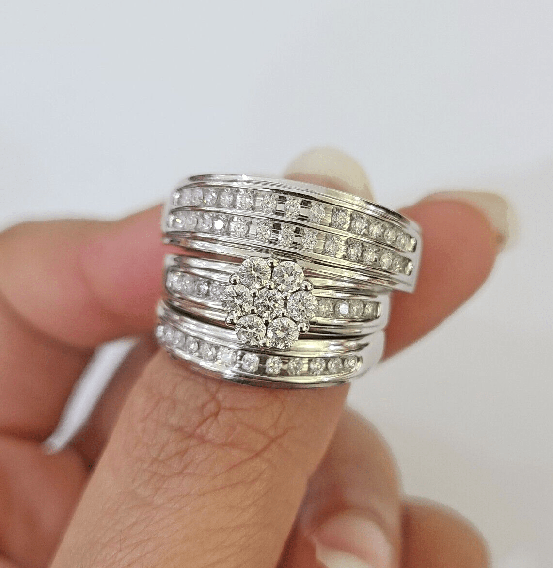 REAL 14k White Gold Diamond Ring Ladies Men Trio SET Wedding Engagement Genuine - GoldenlinQ
