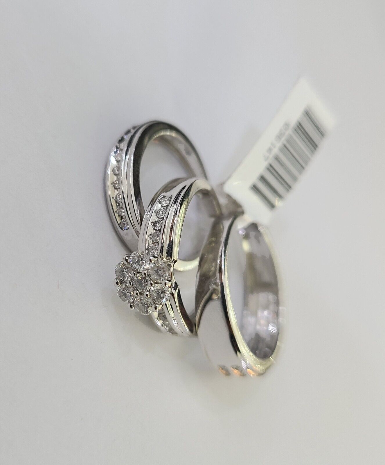 REAL 14k White Gold Diamond Ring Ladies Men Trio SET Wedding Engagement Genuine - GoldenlinQ