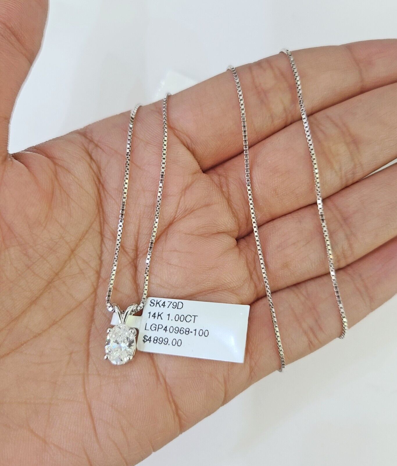 Real 14k White Gold Oval Diamond Pendant Box Chain Necklace Set Women - GoldenlinQ