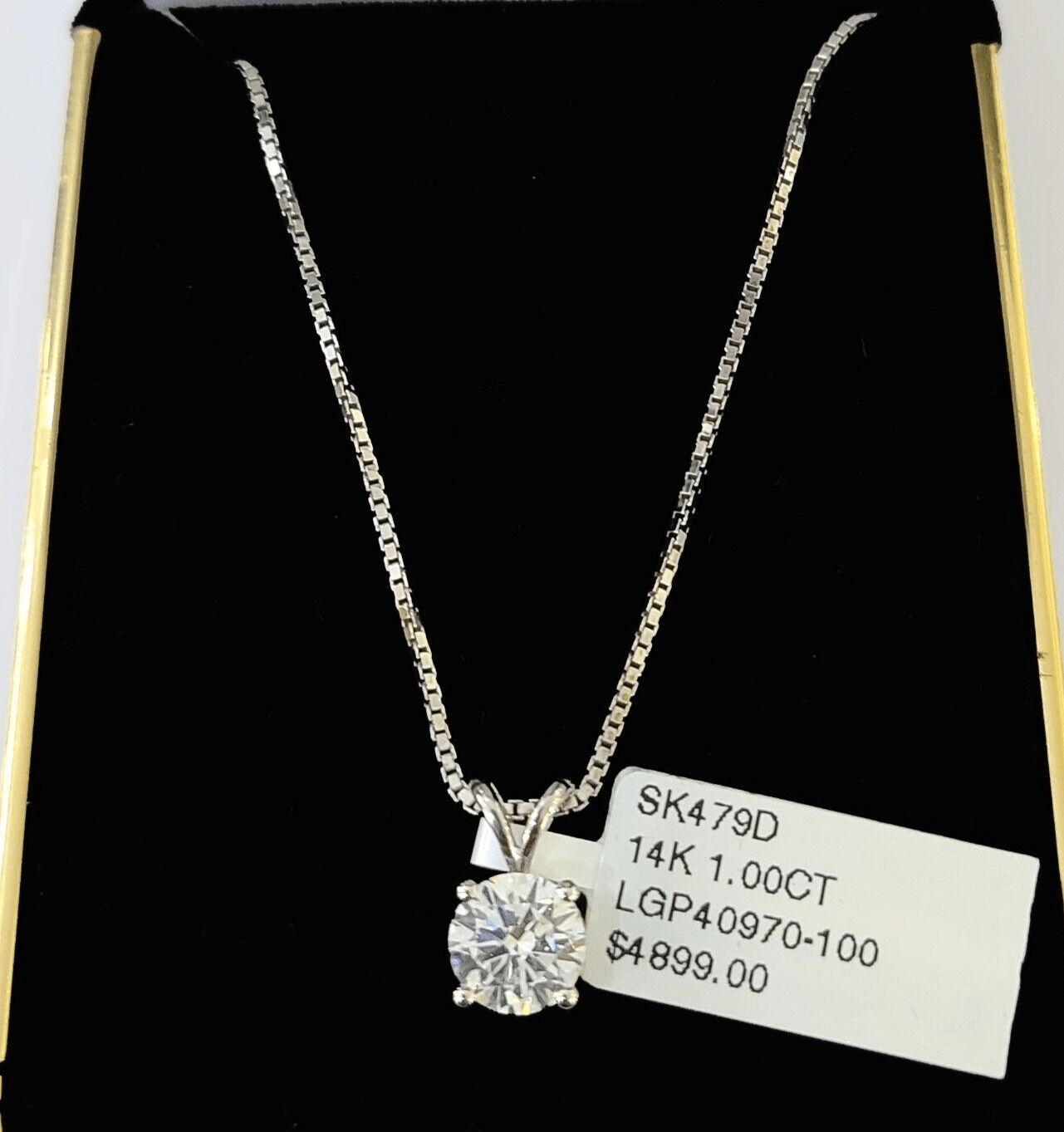Real 14k White Gold Round Diamond Pendant Box Chain Necklace Set Women - GoldenlinQ