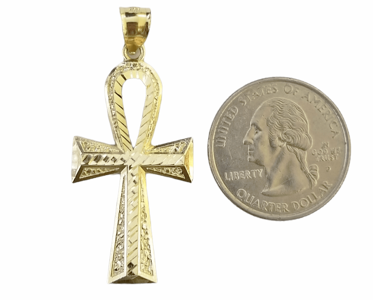 Real 14k Yellow Gold Ankh charm pendant 1.75 Inch Diamond Cuts Charm for Chains - GoldenlinQ