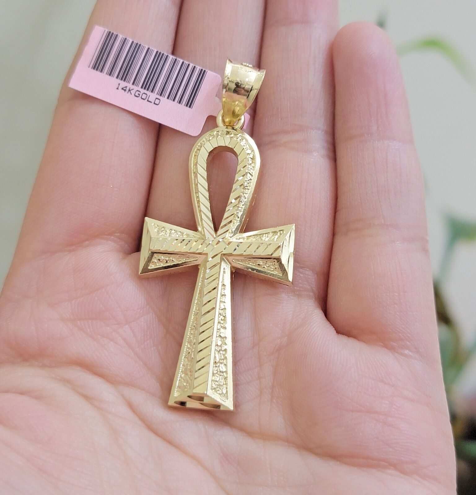 Real 14k Yellow Gold Ankh charm pendant 2.2 Inches Diamond Cuts Charm for Chains - GoldenlinQ