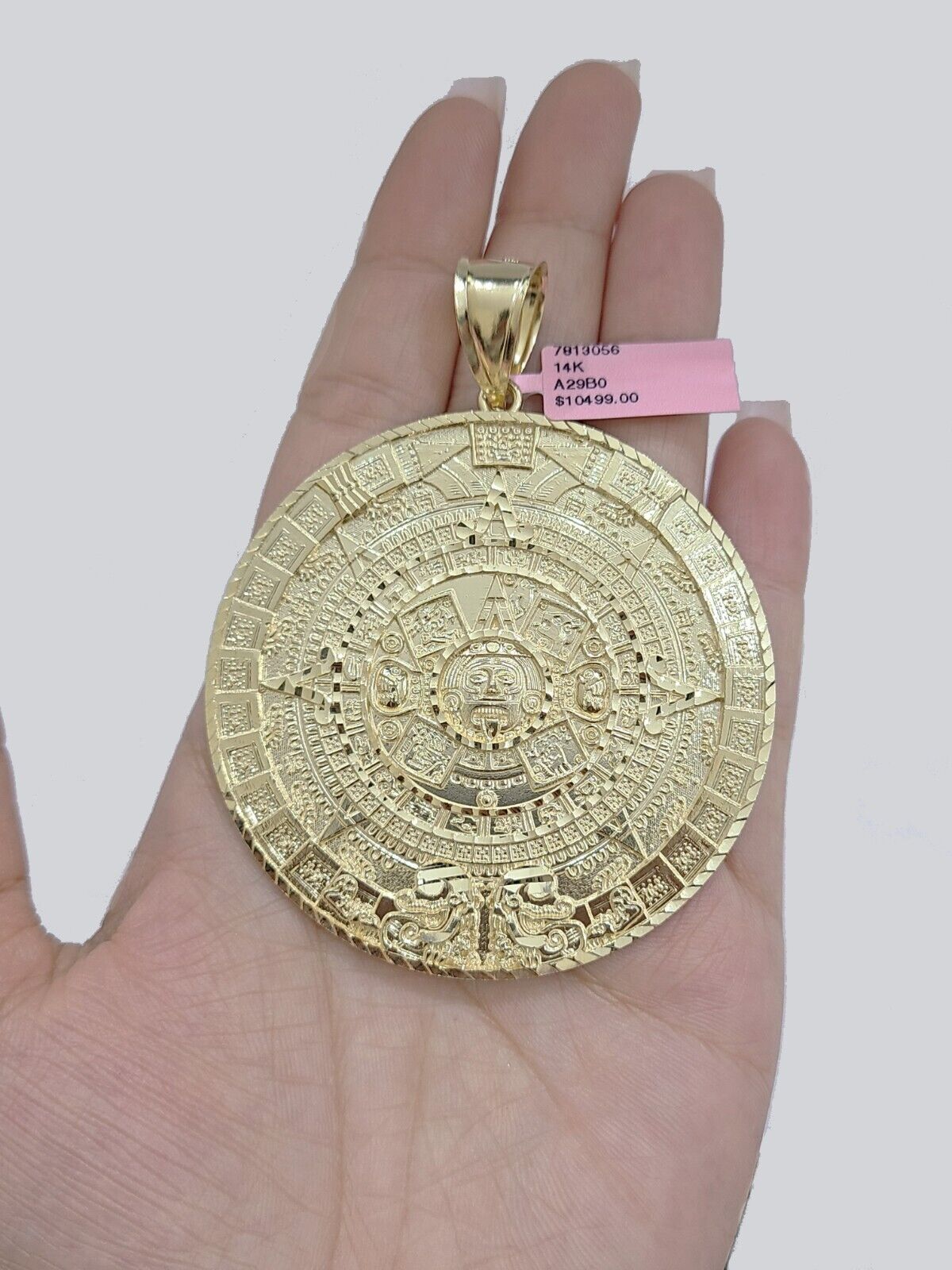 Real 14K Yellow Gold Aztec Calendar Charm Solid Pendant For Chain 14KT Necklace - GoldenlinQ